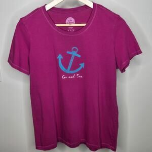 LIFE IS GOOD "Go and Sea" Short Sleeve Magenta T-Shirt with Blue Anchor Size M